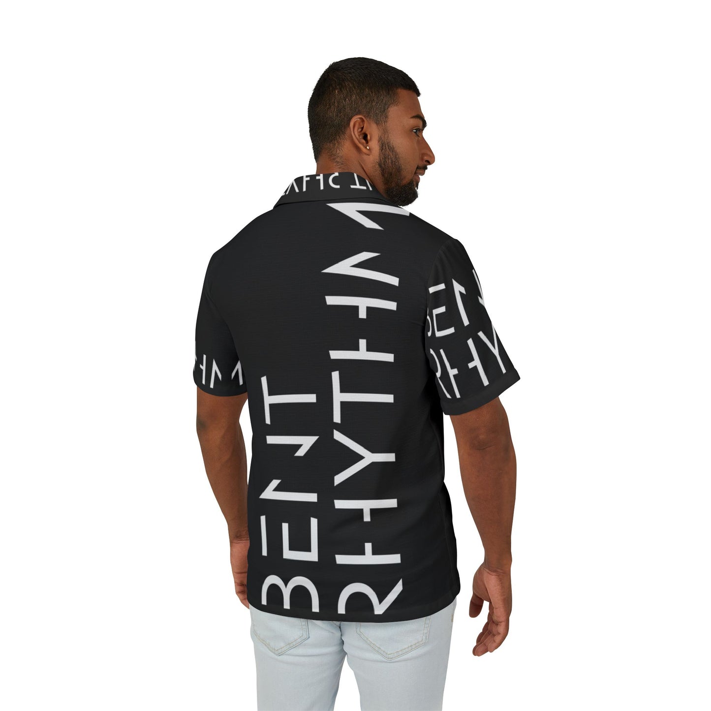 Black 'Bent Rhythm' Graphic Hawaiian Camp Shirt — Bold Typographic AOP Men’s Shirt